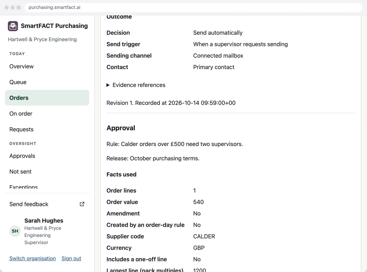 SmartFACT Purchasing recorded rule check: the sending outcome, send automatically through the connected mailbox, and the approval rule Calder orders over £500 need two supervisors with the facts it used