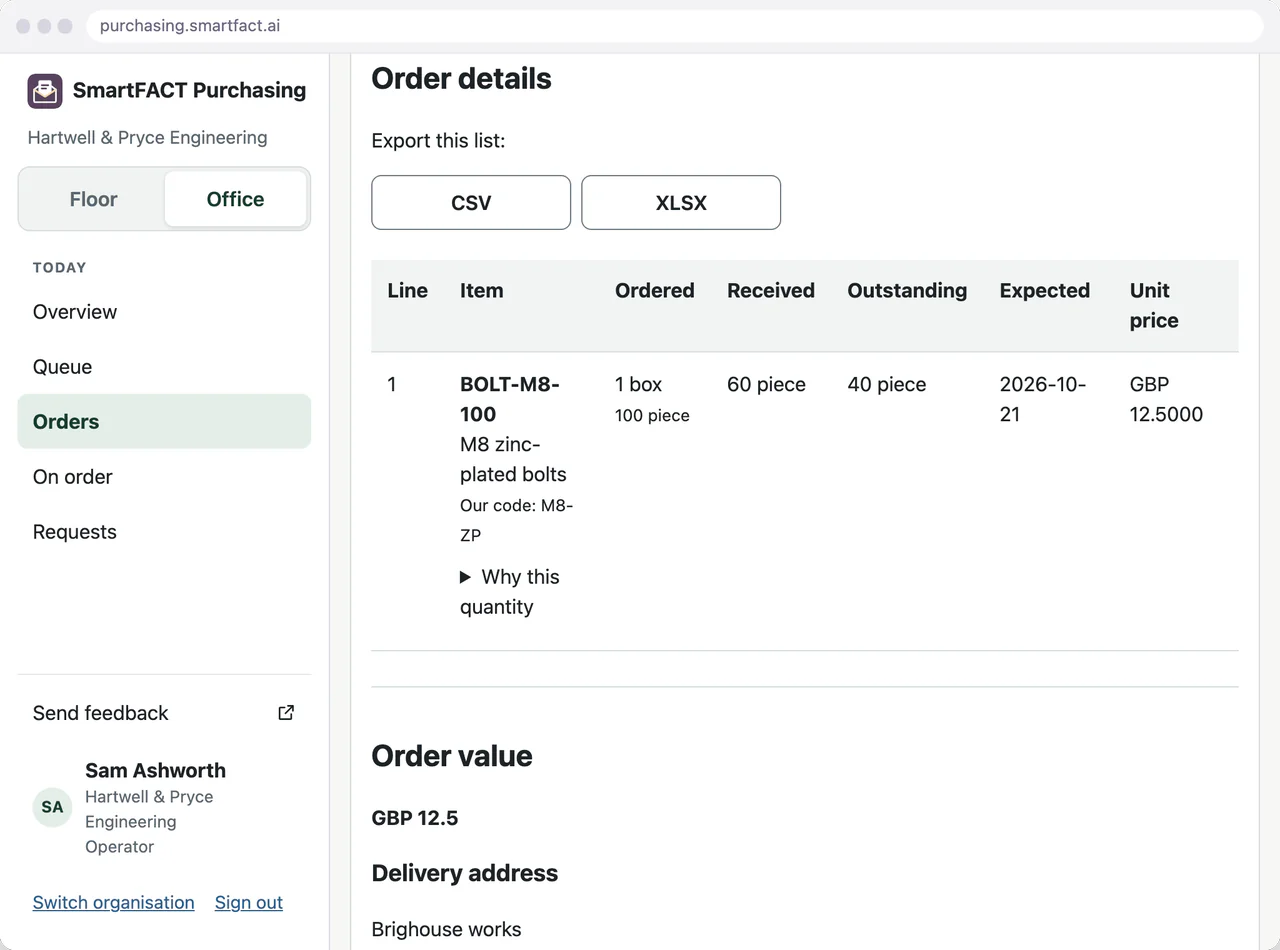 A part-received order keeps its received and outstanding quantities visible.